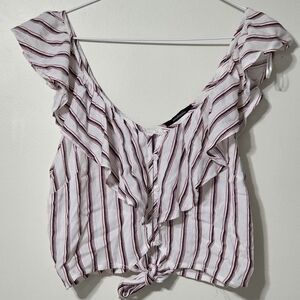 Ambiance White Striped (Red/Black) Ruffled Shoulder Tie-Front Crop Top Sz Small